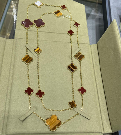 [Auream]CLOVER 16 MOTIF CARNELIAN TIGER EYE ROSE GOLD NECKLACE