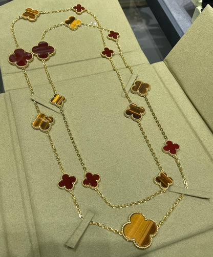 [Auream]CLOVER 16 MOTIF CARNELIAN TIGER EYE ROSE GOLD NECKLACE