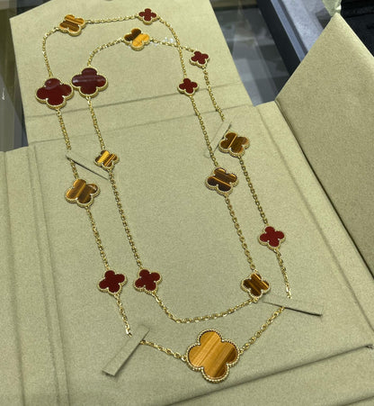 [Auream]CLOVER 16 MOTIF CARNELIAN TIGER EYE ROSE GOLD NECKLACE