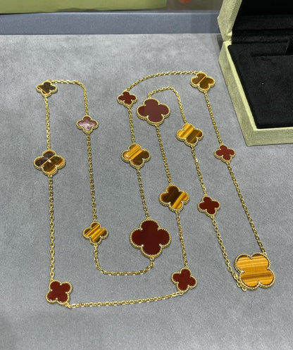 [Auream]CLOVER 16 MOTIF CARNELIAN TIGER EYE ROSE GOLD NECKLACE