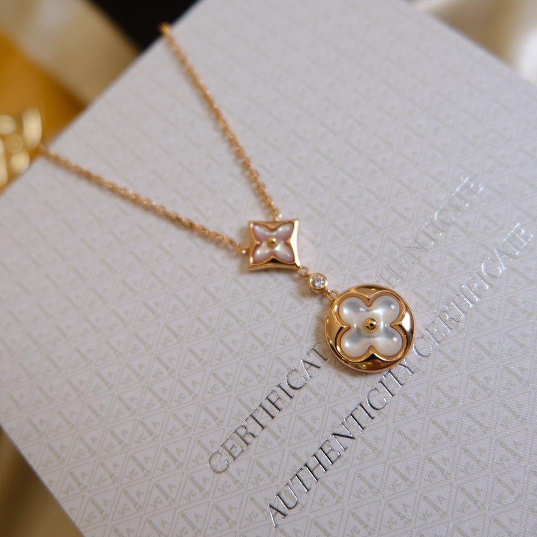 [Auream]STAR AND SUN WHITE MOP 2 MOTIF PINK GOLD NECKLACE