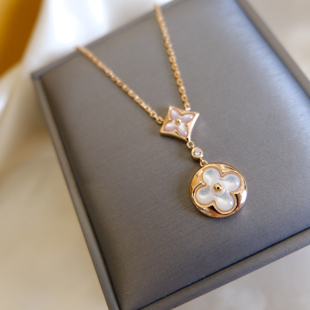 [Auream]STAR AND SUN WHITE MOP 2 MOTIF PINK GOLD NECKLACE