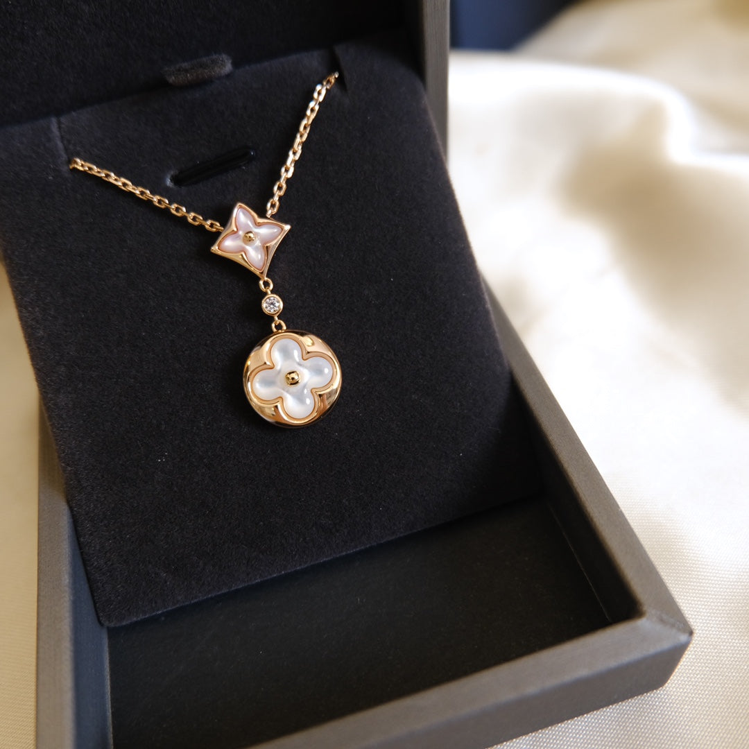 [Auream]STAR AND SUN WHITE MOP 2 MOTIF PINK GOLD NECKLACE