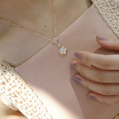 [Auream]STAR AND SUN WHITE MOP 2 MOTIF PINK GOLD NECKLACE