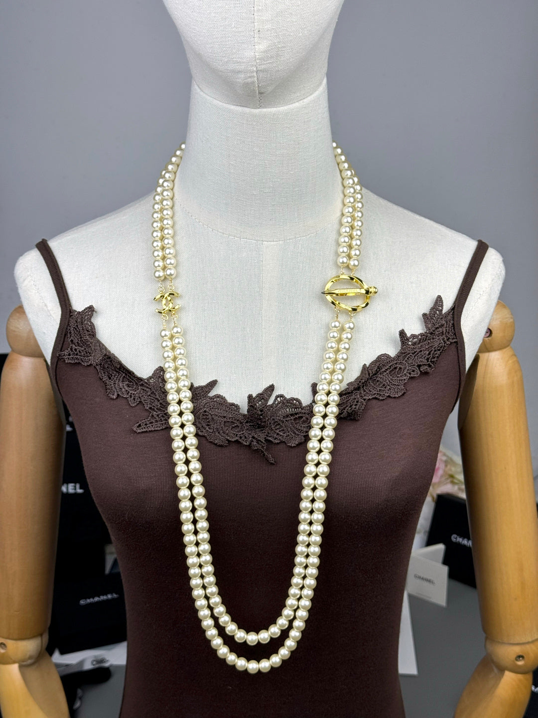 [Auream]25K Pencil Double C Double-Layer Pearl Sweater Chain