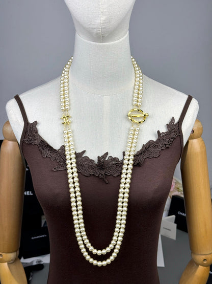 [Auream]25K Pencil Double C Double-Layer Pearl Sweater Chain