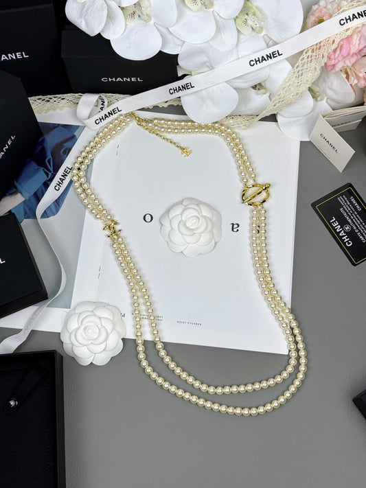 [Auream]25K Pencil Double C Double-Layer Pearl Sweater Chain