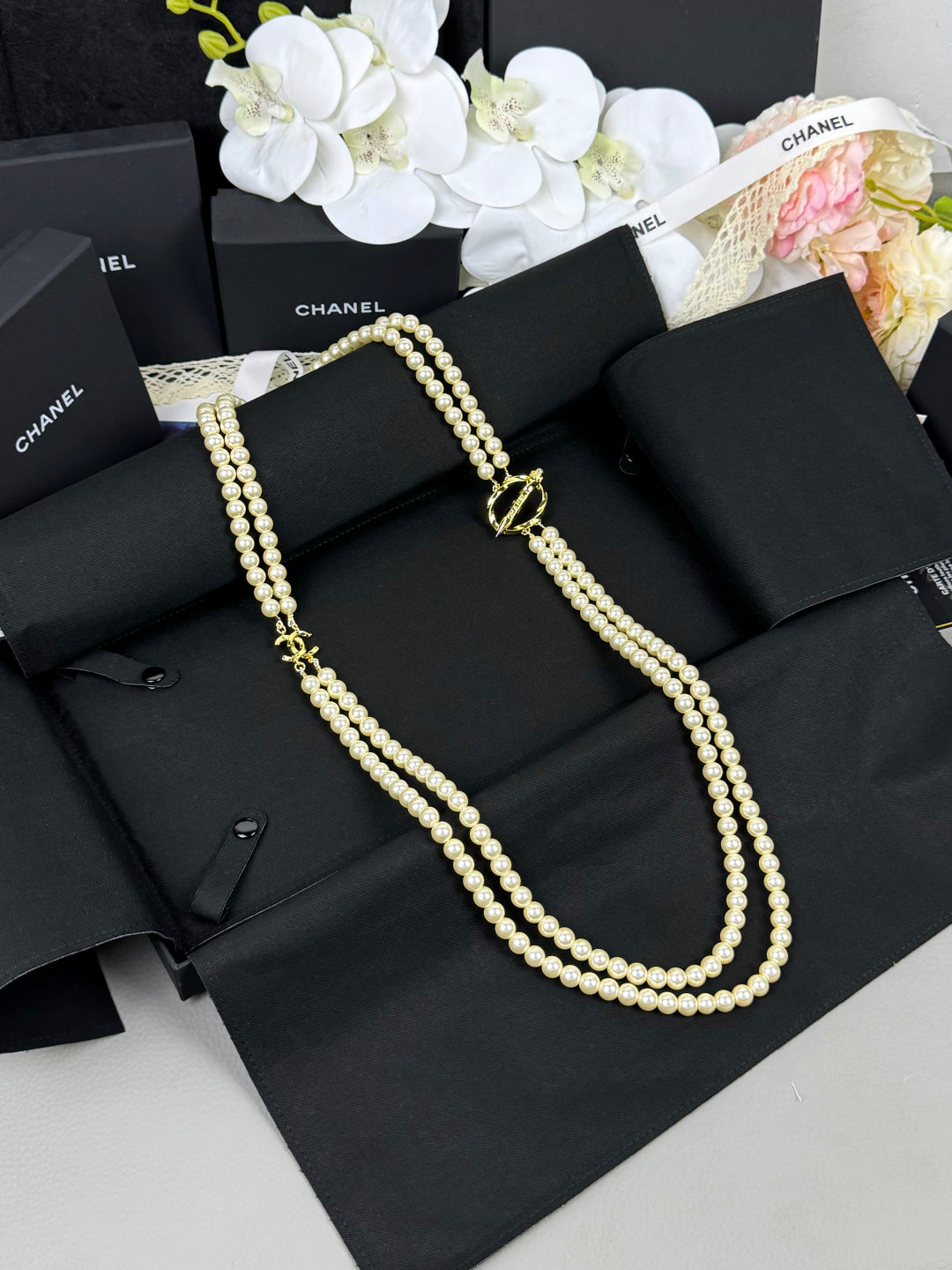 [Auream]25K Pencil Double C Double-Layer Pearl Sweater Chain