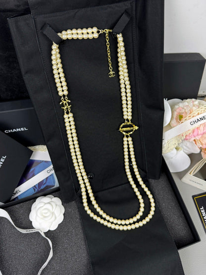 [Auream]25K Pencil Double C Double-Layer Pearl Sweater Chain