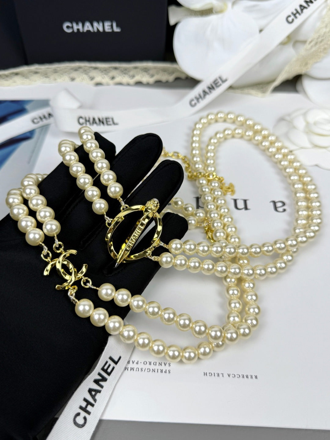[Auream]25K Pencil Double C Double-Layer Pearl Sweater Chain
