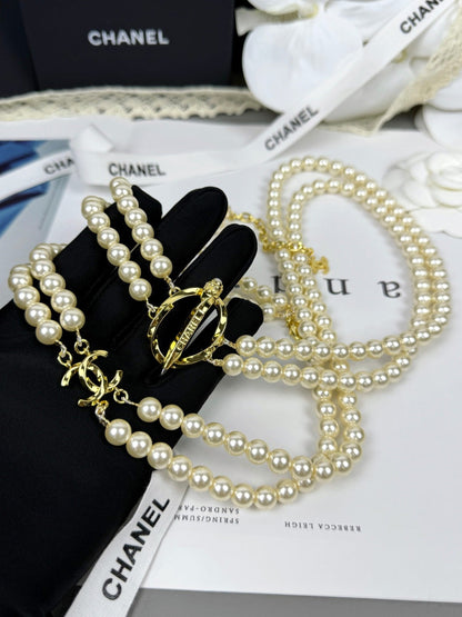 [Auream]25K Pencil Double C Double-Layer Pearl Sweater Chain