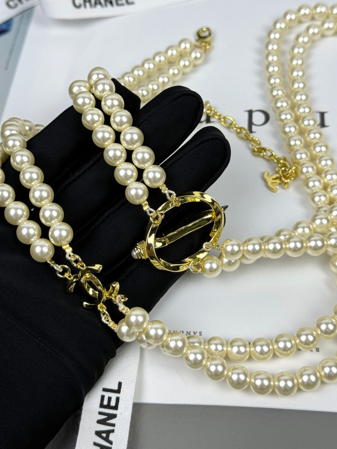 [Auream]25K Pencil Double C Double-Layer Pearl Sweater Chain