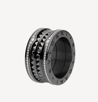[Auream]ZERO 1 ROCK FOUR-BAND BLACK CERAMIC WITH STUDDED SPIRAL AND PAVED DIAMONDS RING
