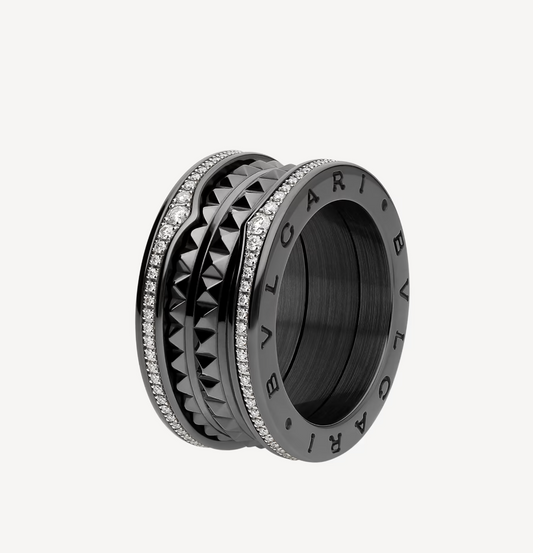 [Auream]ZERO 1 ROCK FOUR-BAND BLACK CERAMIC WITH STUDDED SPIRAL AND PAVED DIAMONDS RING