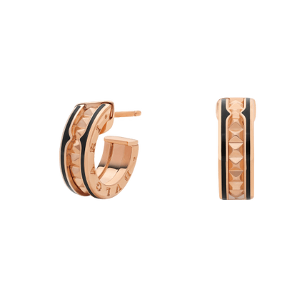 [Auream]ZERO 1 ROCK PINK GOLD EARRINGS WITH STUDDED SPIRAL AND BLACK CERAMIC