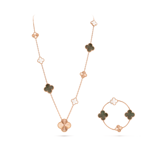 [Auream]DETACHABLE CLOVER 15(11+4) FLOWER SILVER NECKLACE SET