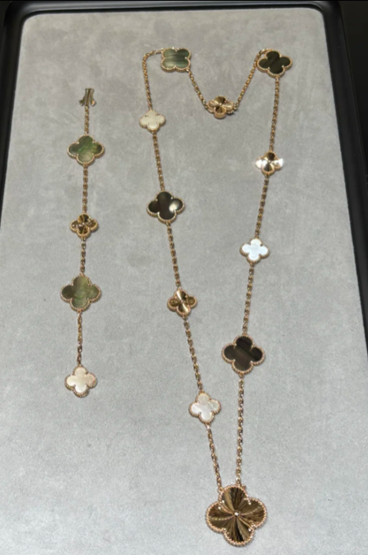 [Auream]DETACHABLE CLOVER 15(11+4) FLOWER SILVER NECKLACE SET