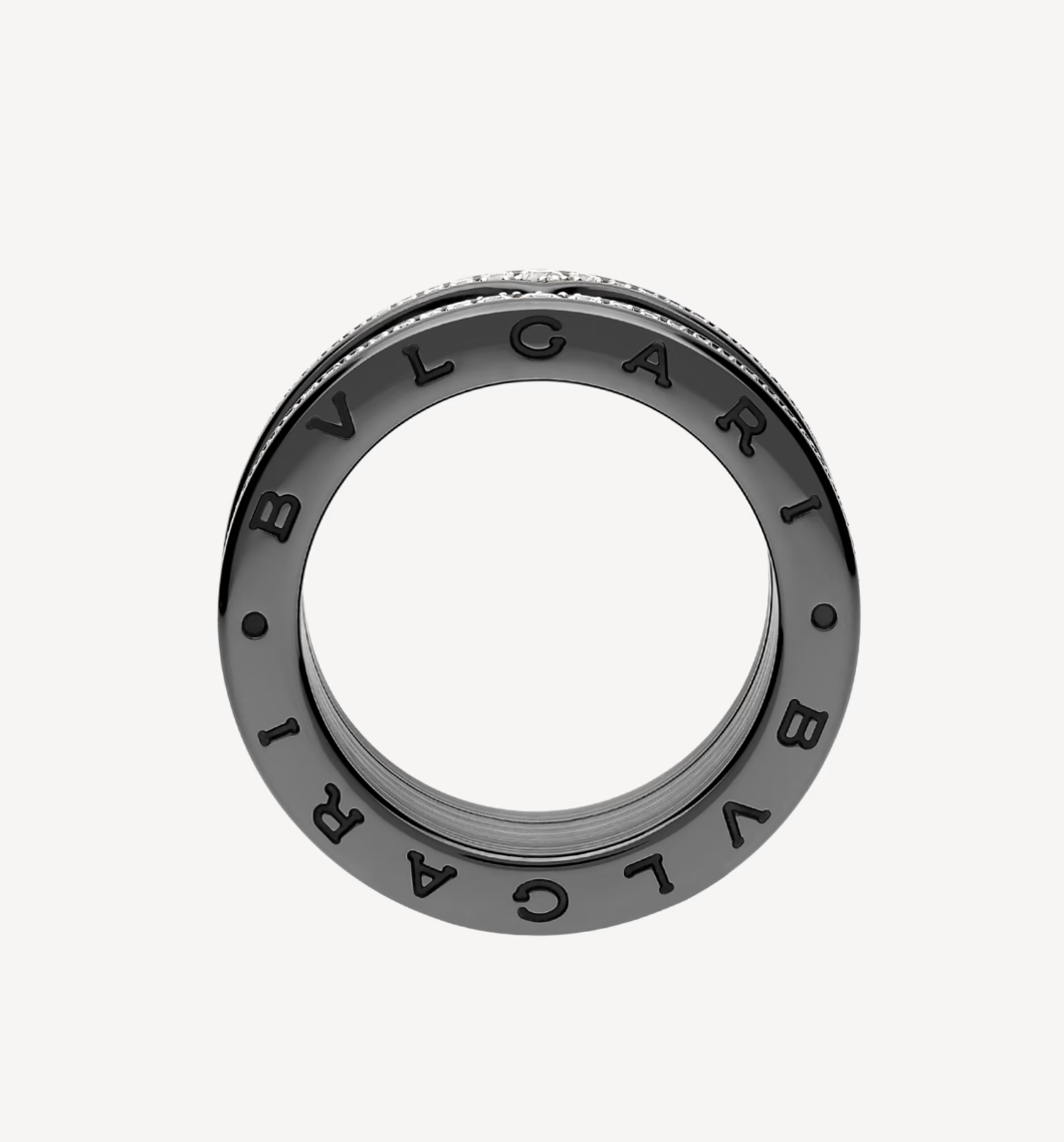 [Auream]ZERO 1 ROCK FOUR-BAND BLACK CERAMIC WITH STUDDED SPIRAL AND PAVED DIAMONDS RING