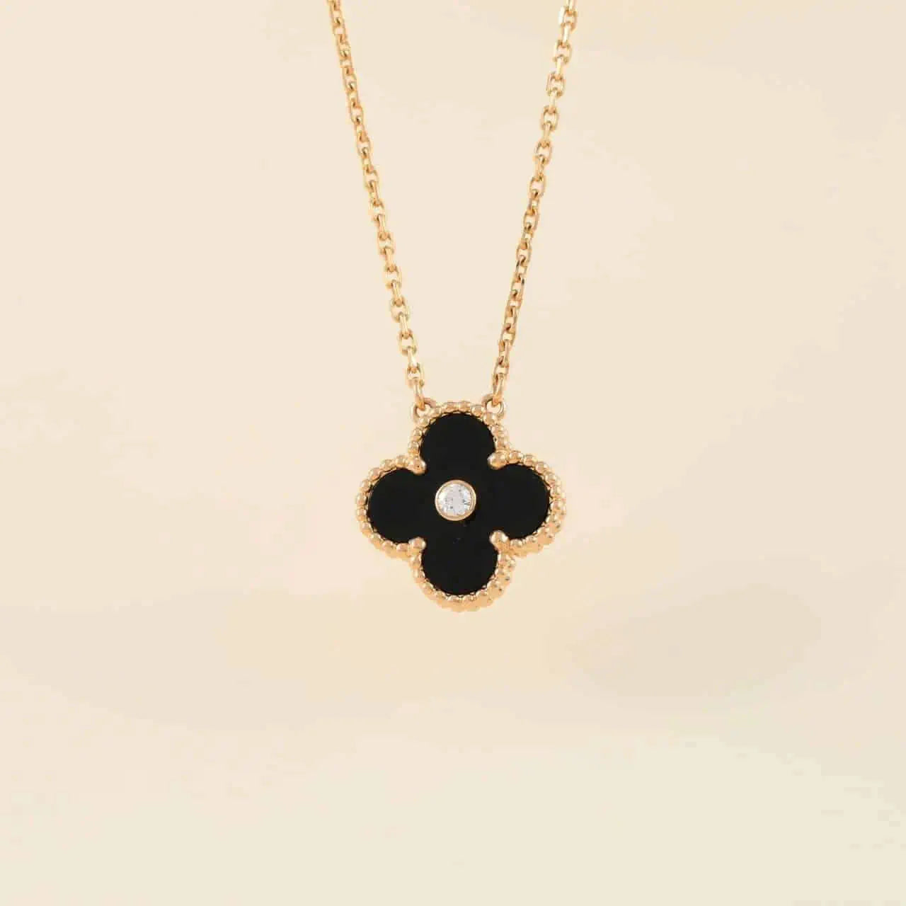 [Auream]CLOVER 15MM DIAMOND ONYX NECKLACE