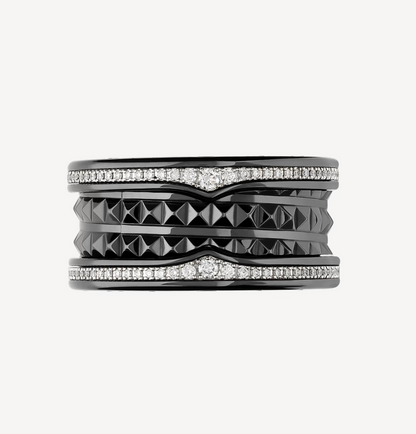 [Auream]ZERO 1 ROCK FOUR-BAND BLACK CERAMIC WITH STUDDED SPIRAL AND PAVED DIAMONDS RING