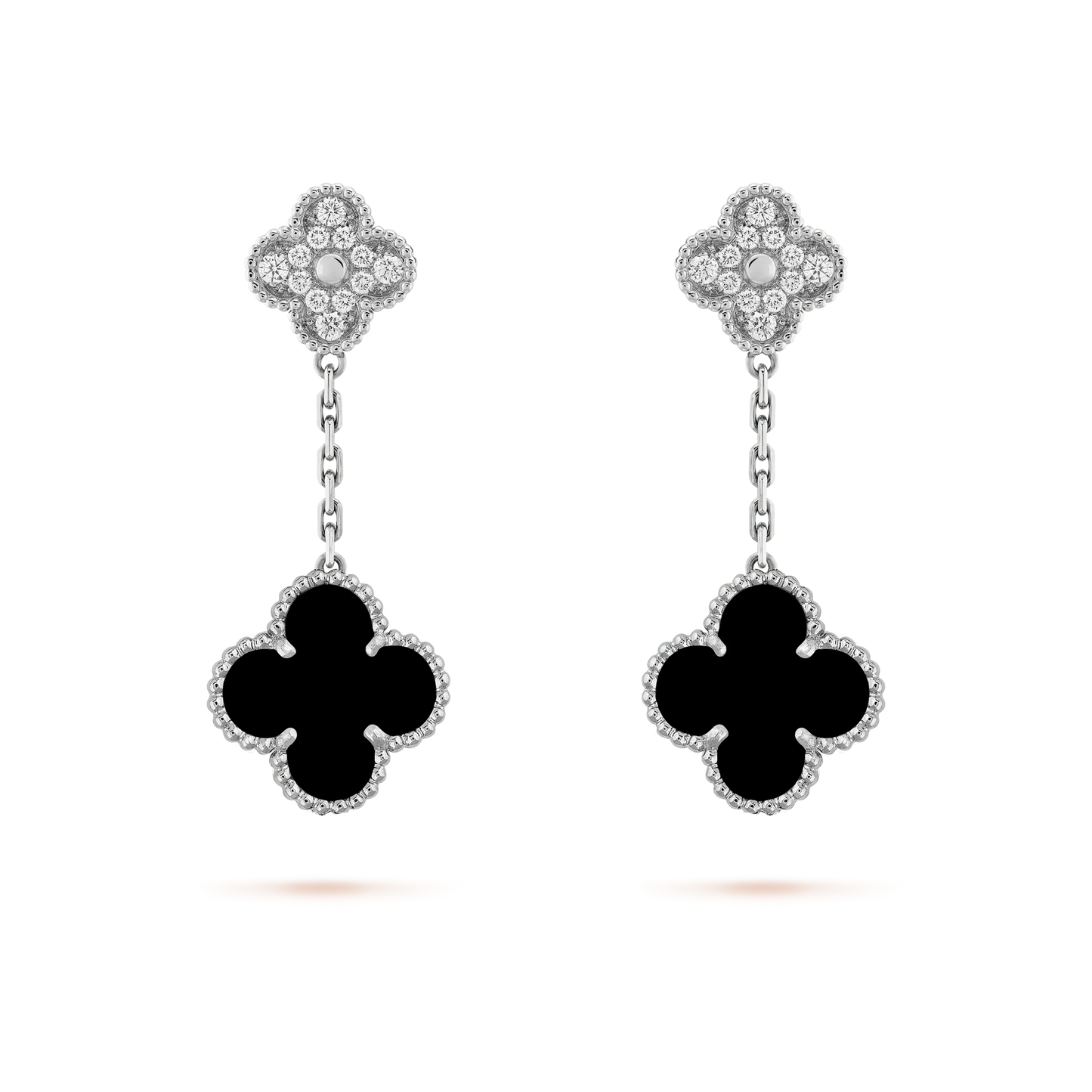 [Auream]CLOVER 2 MOTIFS  DIAMOND ONYX EARRINGS SILVER
