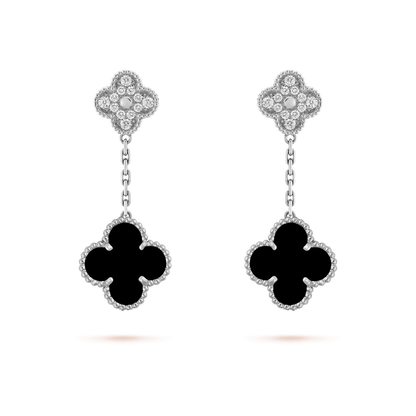 [Auream]CLOVER 2 MOTIFS  DIAMOND ONYX EARRINGS SILVER