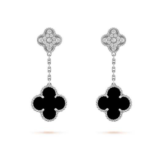 [Auream]CLOVER 2 MOTIFS  DIAMOND ONYX EARRINGS SILVER
