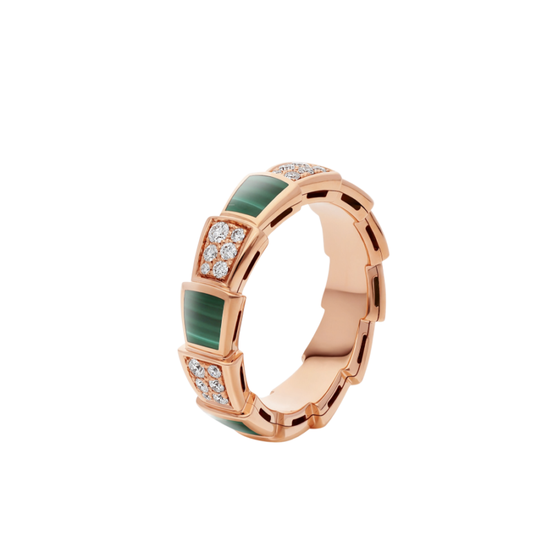 [Auream]SERPENTI RING PINK GOLD MALACHITE DIAMOND PAVED 4MM