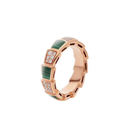 [Auream]SERPENTI RING PINK GOLD MALACHITE DIAMOND PAVED 4MM