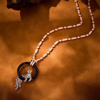 [Auream jewelrys]NEW BLACK CIRCLE PANTHER FULL DIAMOND NECKLACE