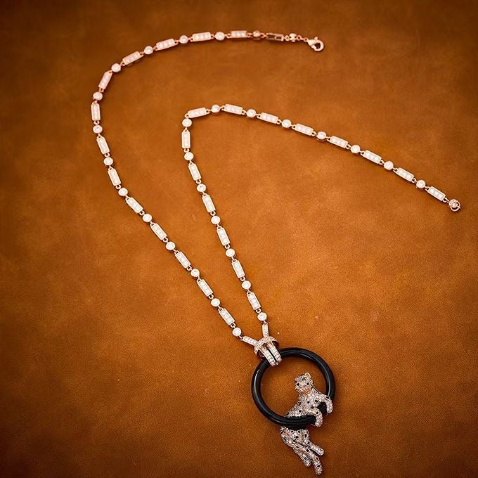 [Auream jewelrys]NEW BLACK CIRCLE PANTHER FULL DIAMOND NECKLACE