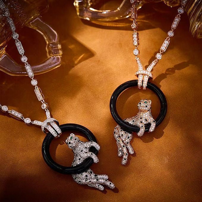 [Auream jewelrys]NEW BLACK CIRCLE PANTHER FULL DIAMOND NECKLACE