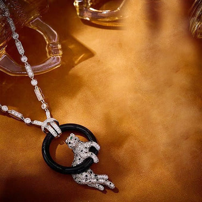 [Auream jewelrys]NEW BLACK CIRCLE PANTHER FULL DIAMOND NECKLACE