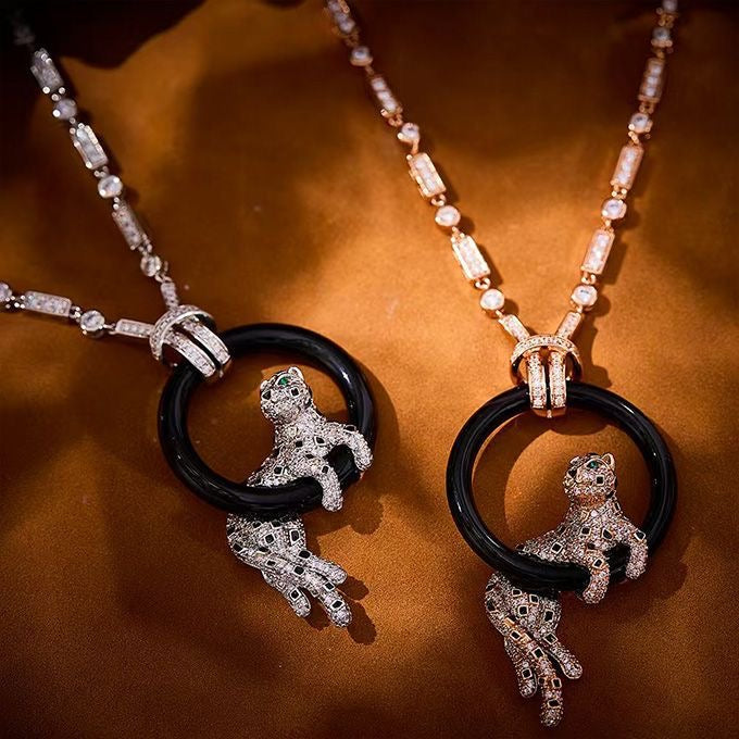 [Auream jewelrys]NEW BLACK CIRCLE PANTHER FULL DIAMOND NECKLACE