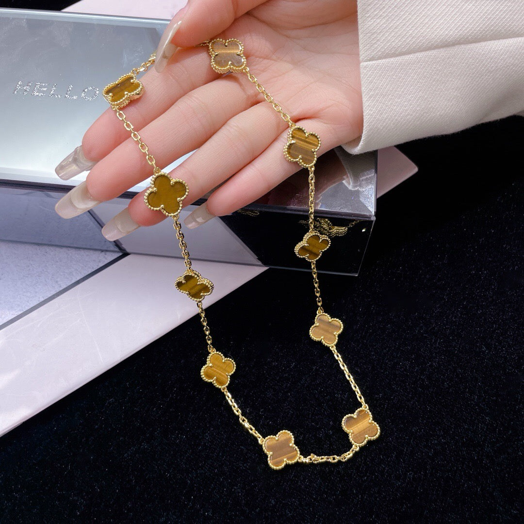 [Auream]CLOVER 10 MOTIFS TIGER EYE NECKLACE