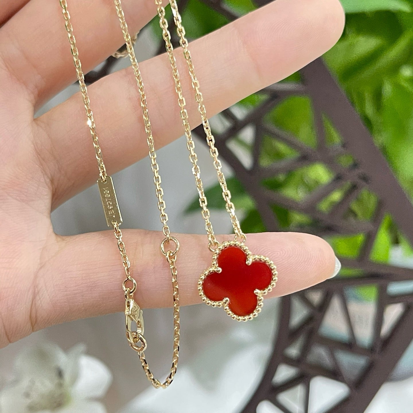 [Auream]CLOVER 15MM CARNELIAN SINGLE FLOWER NECKLACE