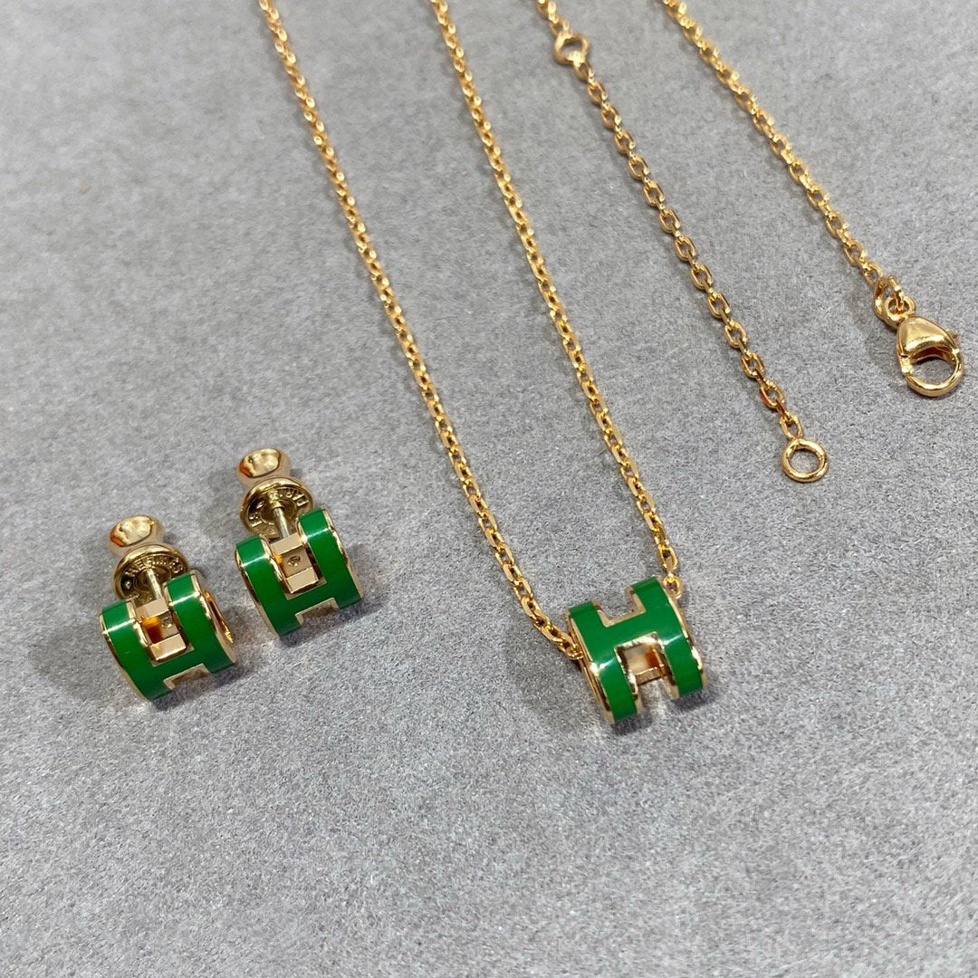 [Auream]POP H GREEN NECKLACE SILVER AND GOLD