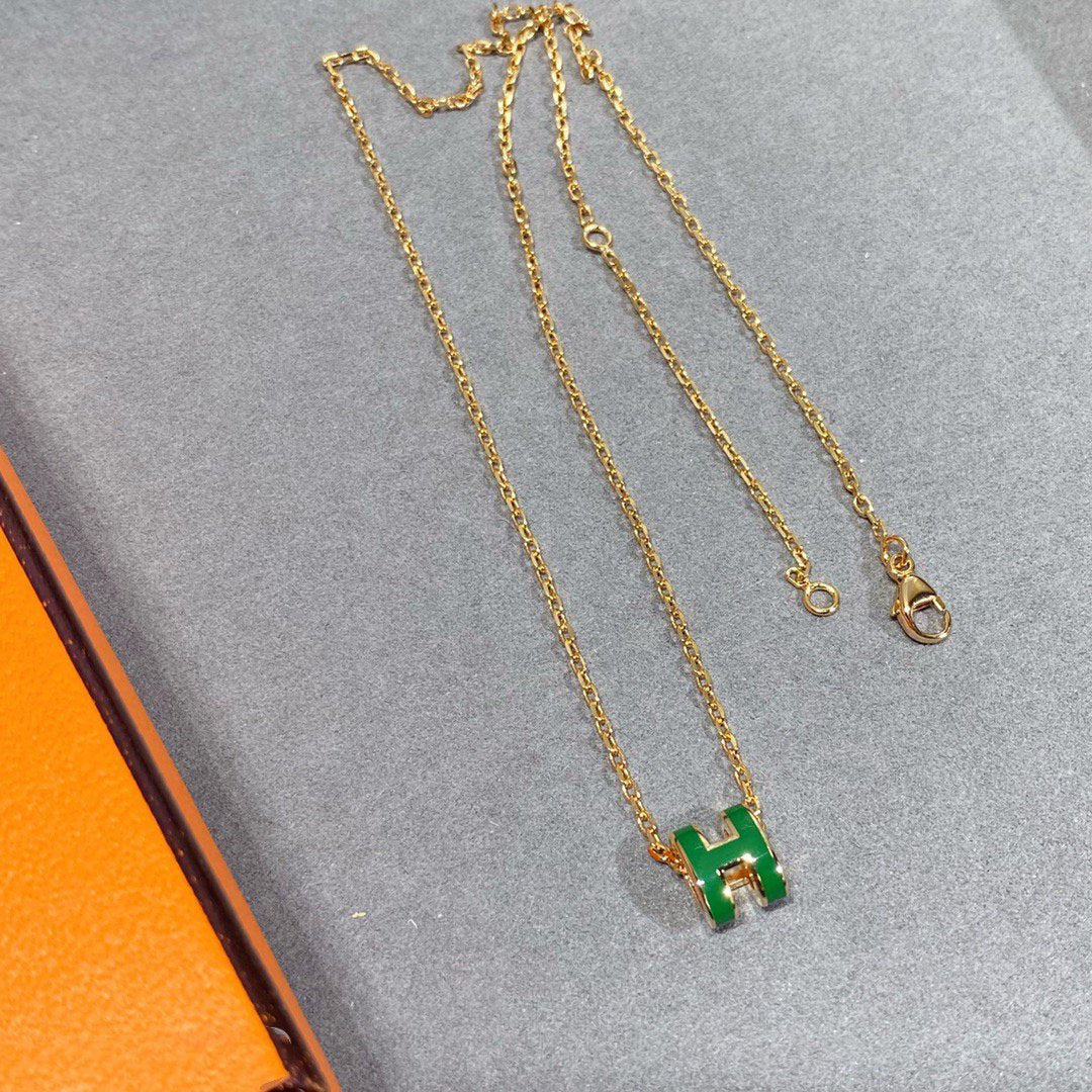 [Auream]POP H GREEN NECKLACE SILVER AND GOLD