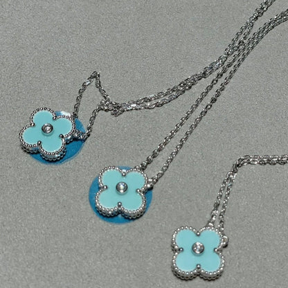[Auream]CLOVER 1 DIAMOND LIGHT BLUE SILVER NECKLACE