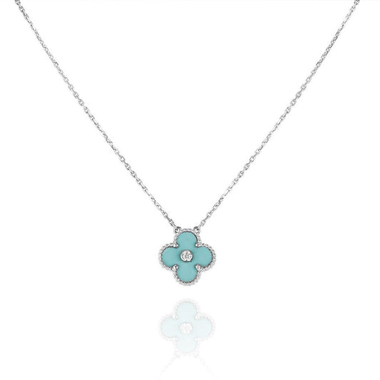 [Auream]CLOVER 1 DIAMOND LIGHT BLUE SILVER NECKLACE