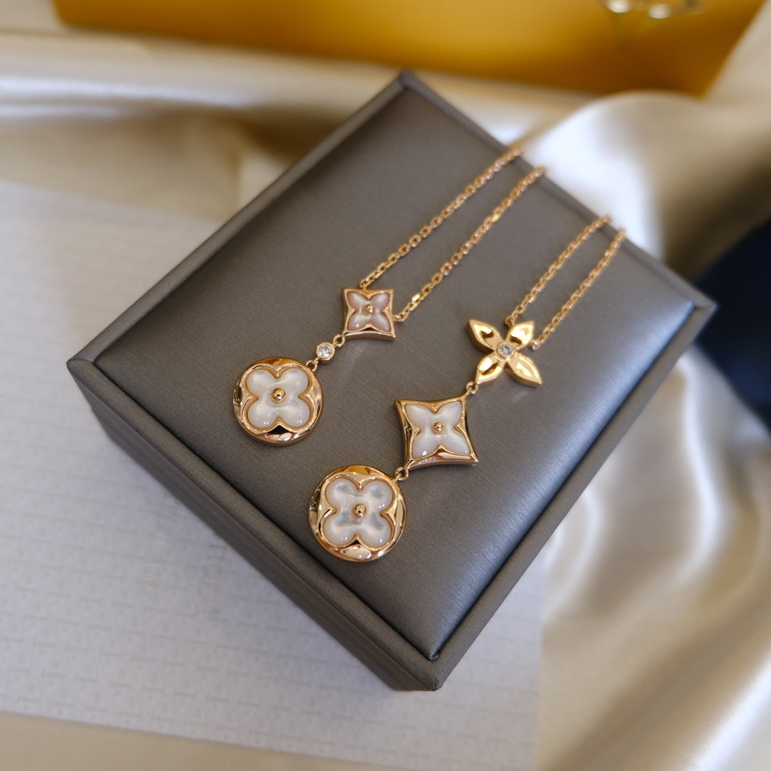 [Auream]COLOR BLOSSOM LARIAT NECKLACE PINK GOLD WHITE MOTHER PEARL AND DIAMOND