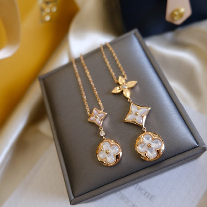 [Auream]COLOR BLOSSOM LARIAT NECKLACE PINK GOLD WHITE MOTHER PEARL AND DIAMOND