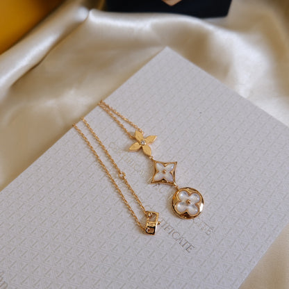 [Auream]COLOR BLOSSOM LARIAT NECKLACE PINK GOLD WHITE MOTHER PEARL AND DIAMOND