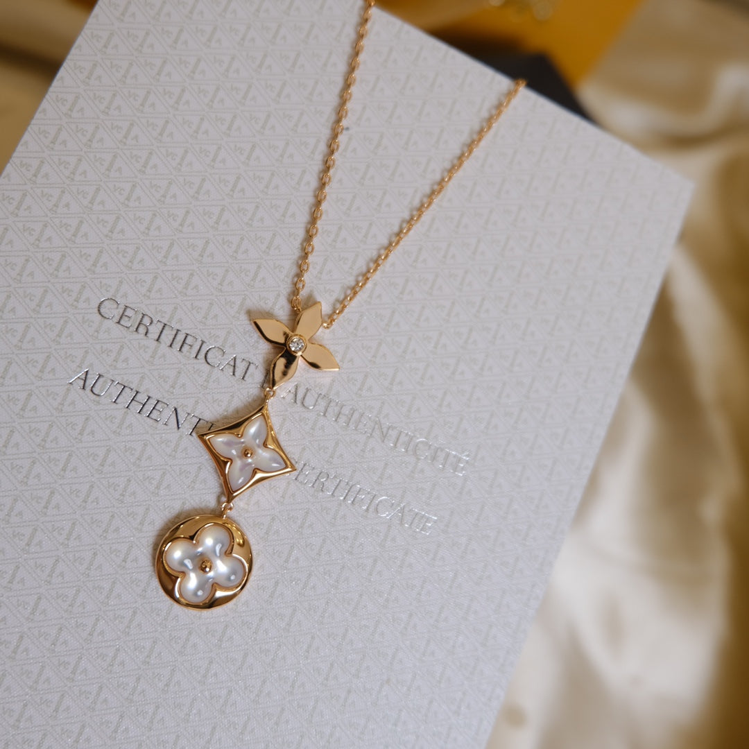 [Auream]COLOR BLOSSOM LARIAT NECKLACE PINK GOLD WHITE MOTHER PEARL AND DIAMOND
