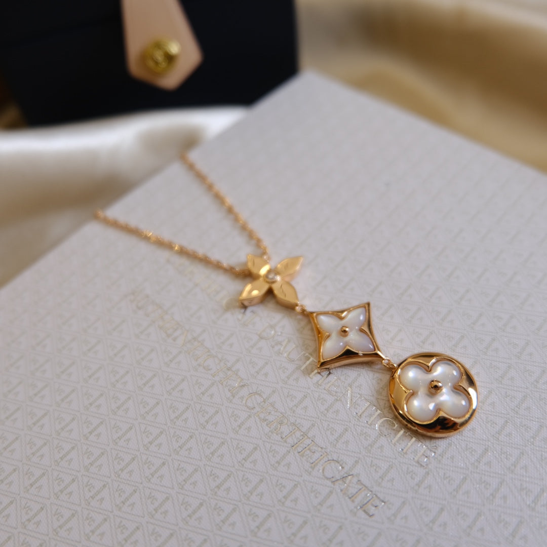 [Auream]COLOR BLOSSOM LARIAT NECKLACE PINK GOLD WHITE MOTHER PEARL AND DIAMOND
