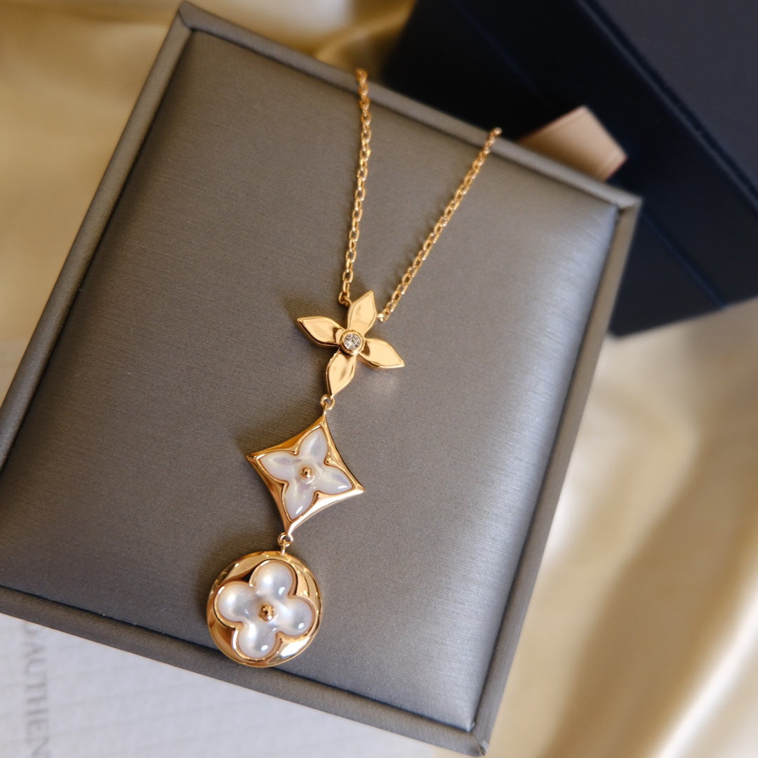 [Auream]COLOR BLOSSOM LARIAT NECKLACE PINK GOLD WHITE MOTHER PEARL AND DIAMOND