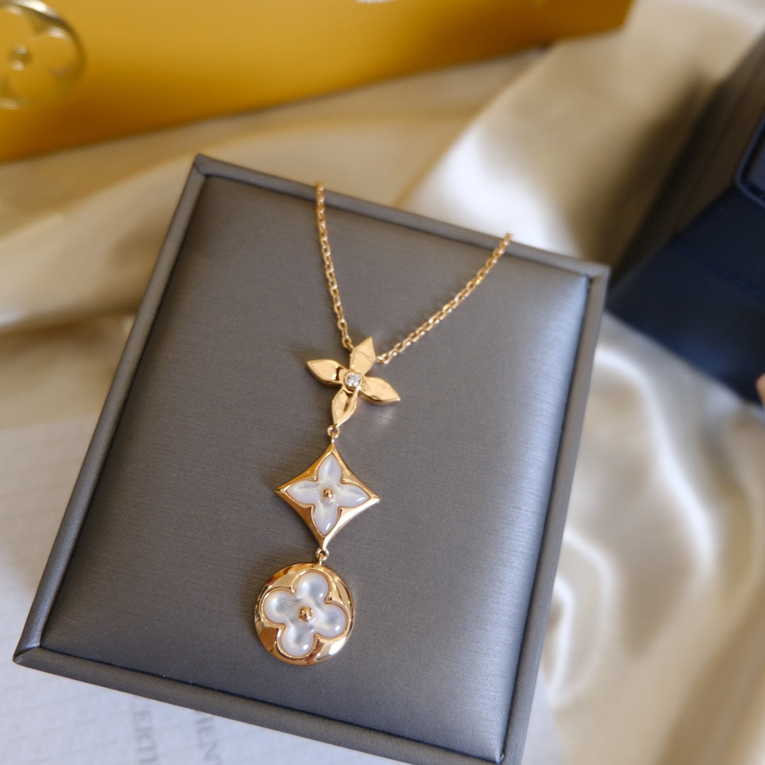 [Auream]COLOR BLOSSOM LARIAT NECKLACE PINK GOLD WHITE MOTHER PEARL AND DIAMOND
