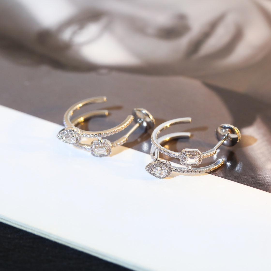 [Auream]CREOLES MY TWIN 2 RANGS SILVER DIAMOND EARRINGS