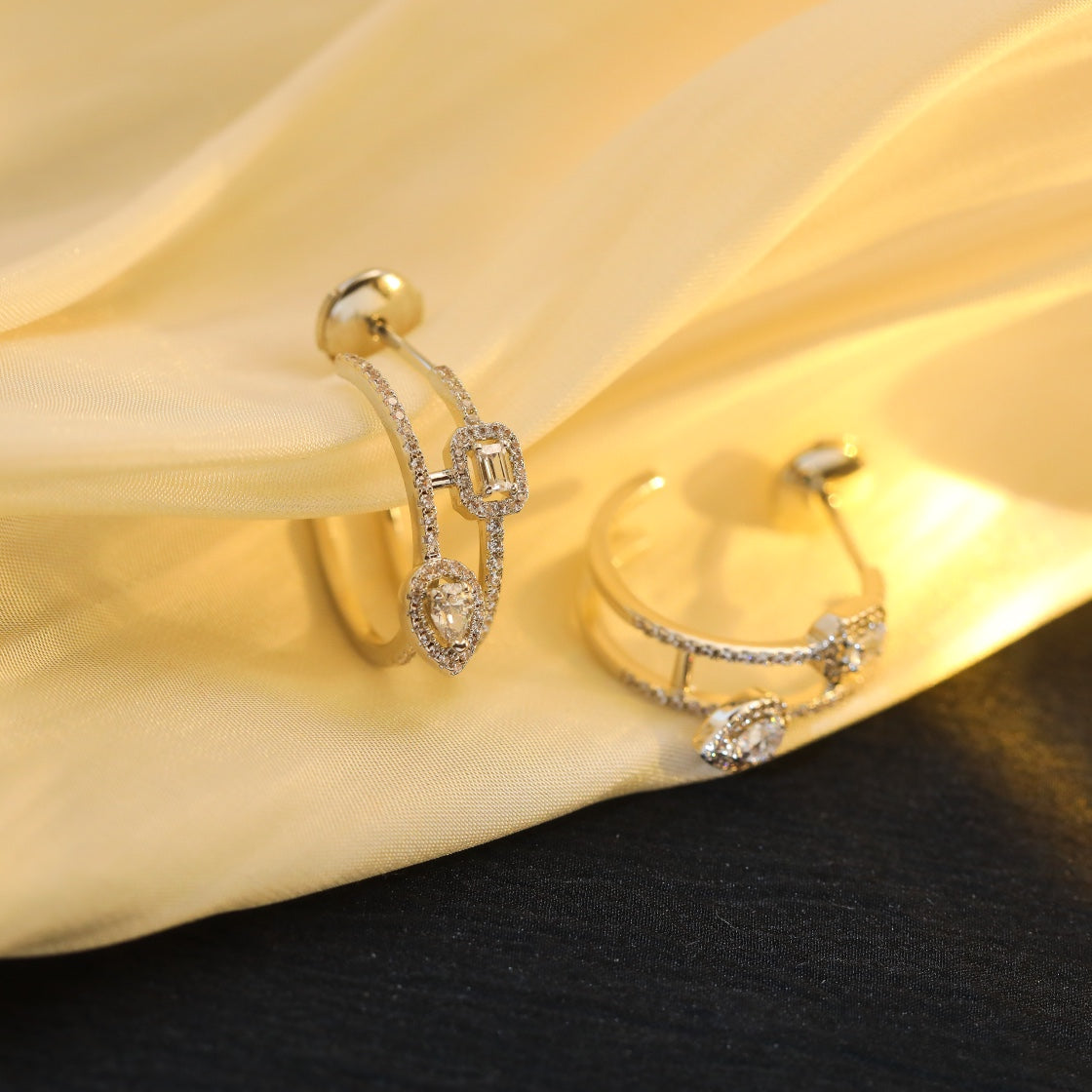 [Auream]CREOLES MY TWIN 2 RANGS SILVER DIAMOND EARRINGS