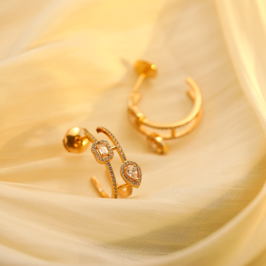 [Auream]CREOLES MY TWIN 2 RANGS SILVER DIAMOND EARRINGS